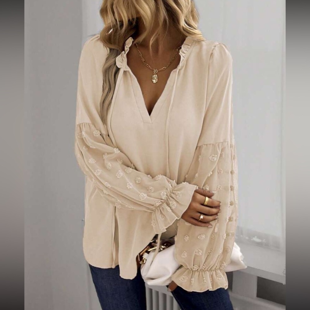 Elegant Oversized Cream Blouse with Semi-sheer Embroidered Sleeves - Picture 3 of 5